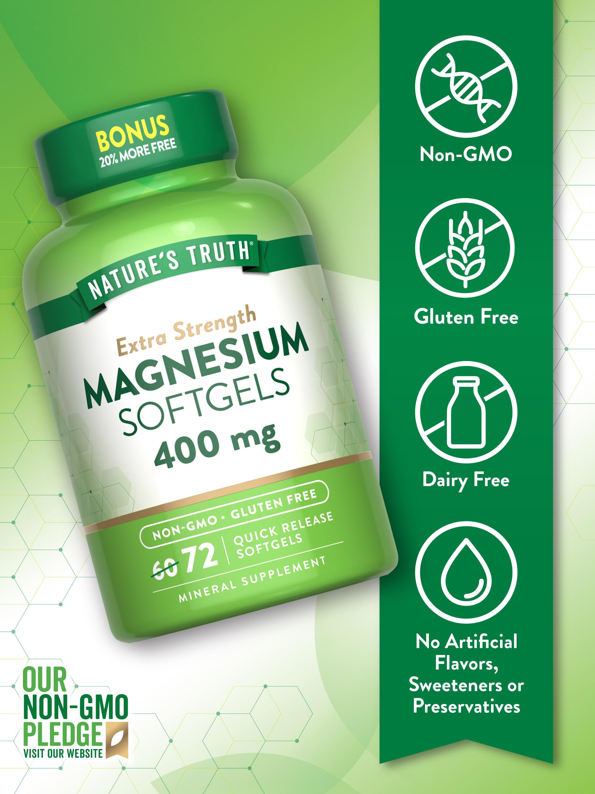Packaging highlights Nature's Truth magnesium oxide source with non-GMO and gluten-free claims.