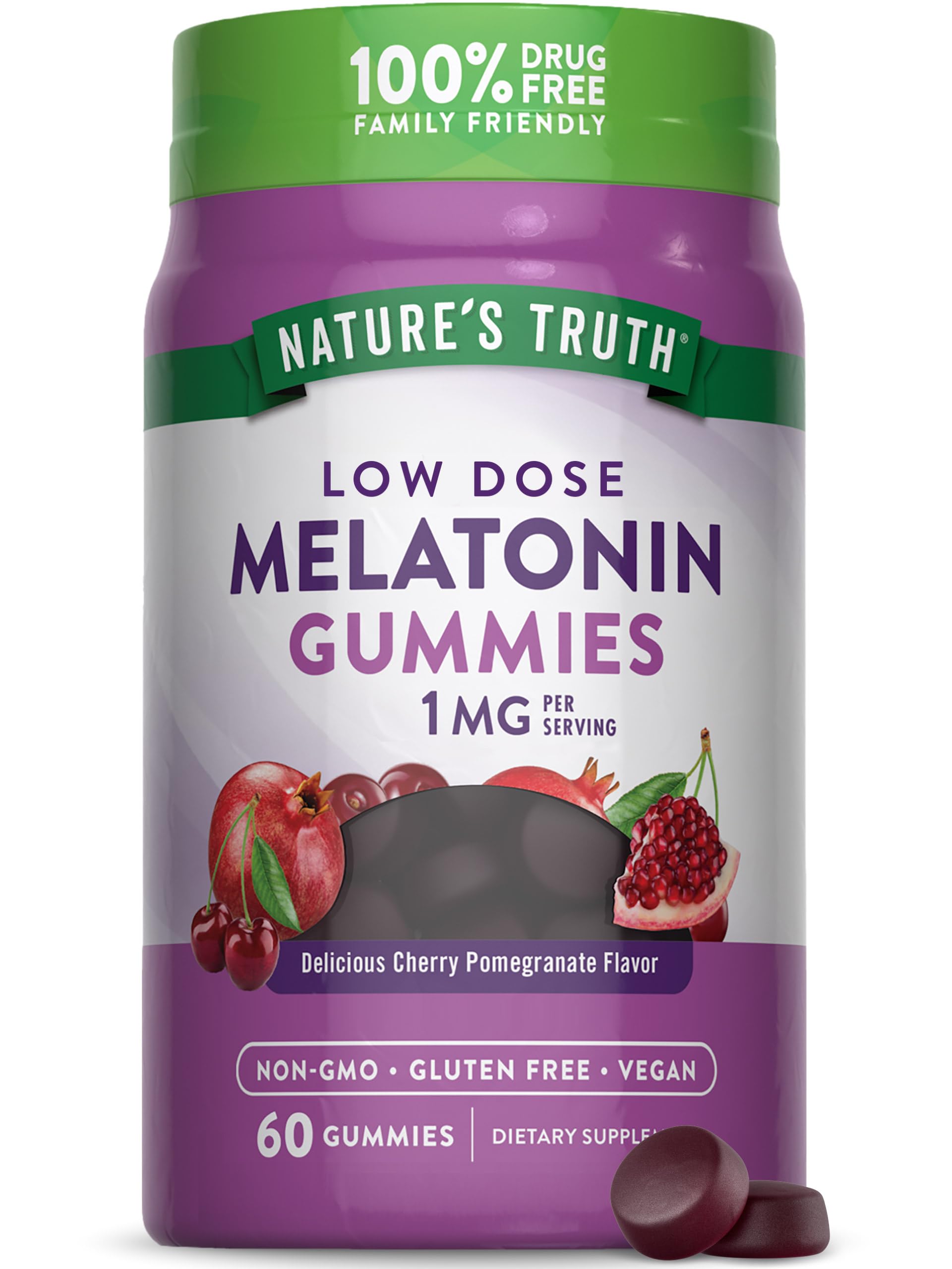 Nature's Truth melatonin gummies bottle front shows 1 mg per serving for easy nightly use