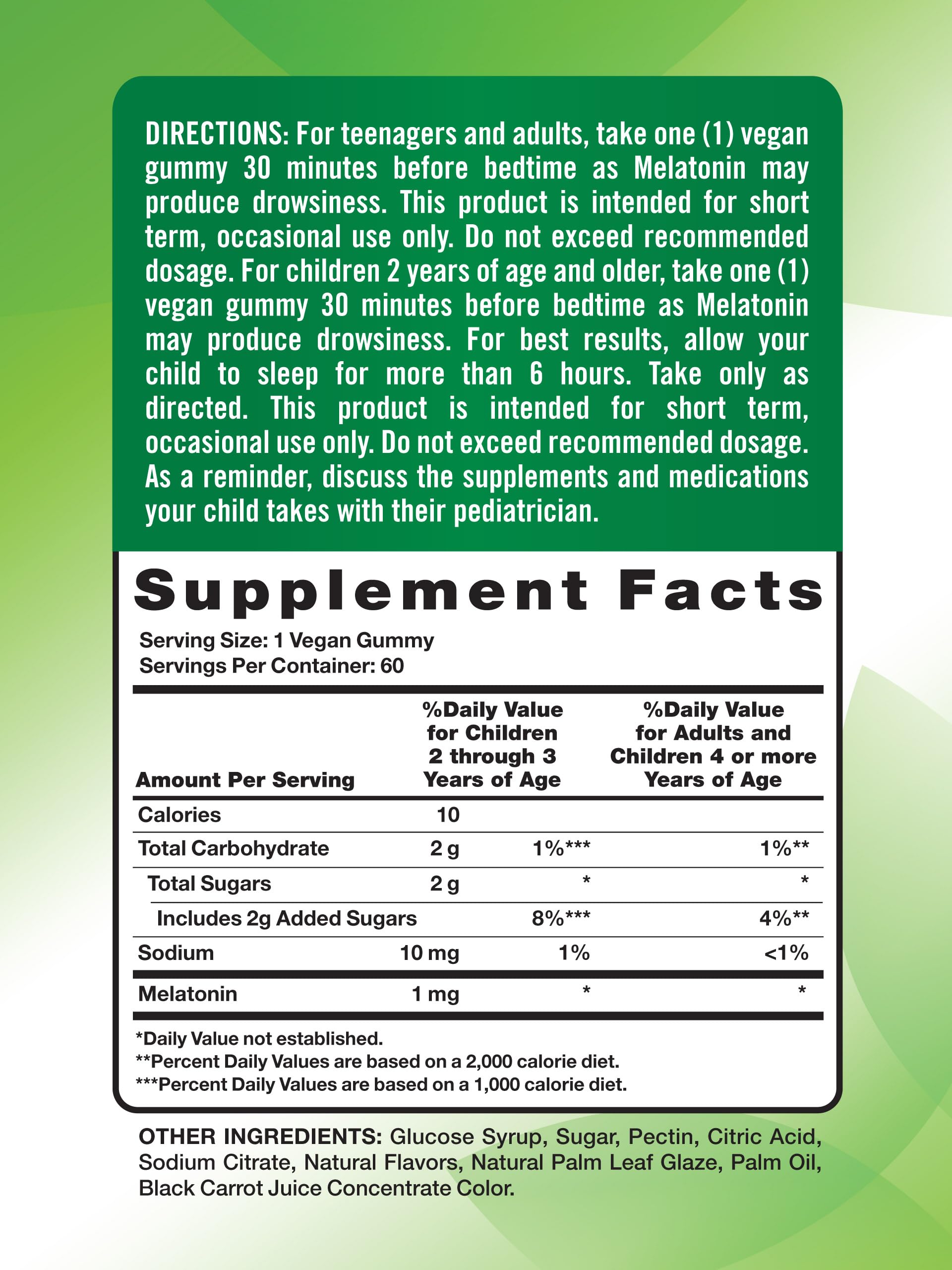 Nature's Truth melatonin bottle side label highlights vegan, non-GMO, and gluten-free attributes