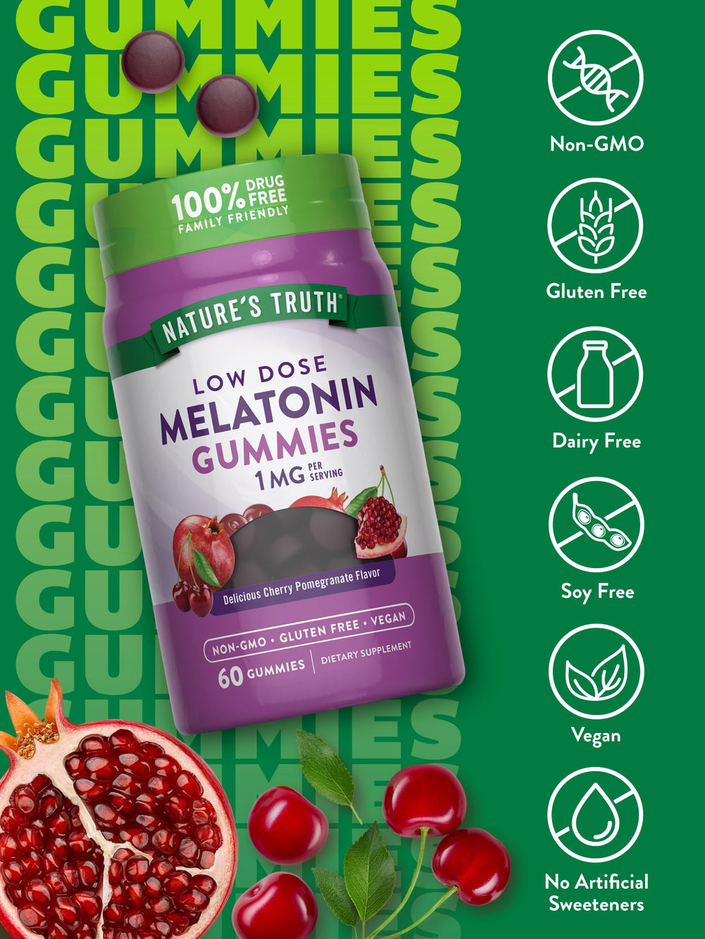 Close-up of Nature's Truth gummies showing soft texture and cherry-pomegranate flavor