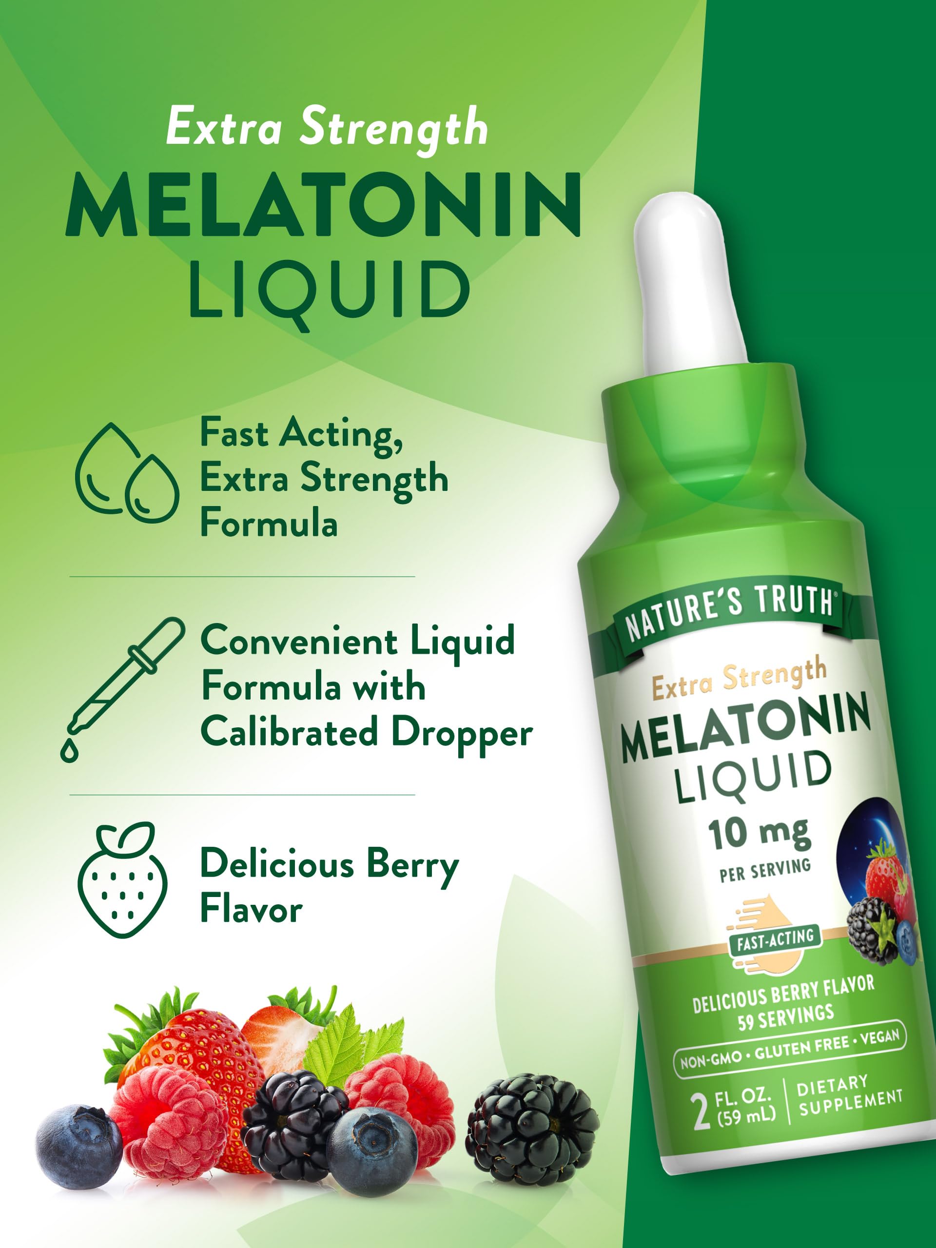 Nature's Truth Melatonin Liquid bottle shows vegan non-GMO seal.