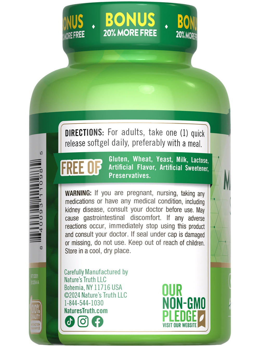 Non-GMO gluten-free seal on Nature's Truth magnesium packaging.