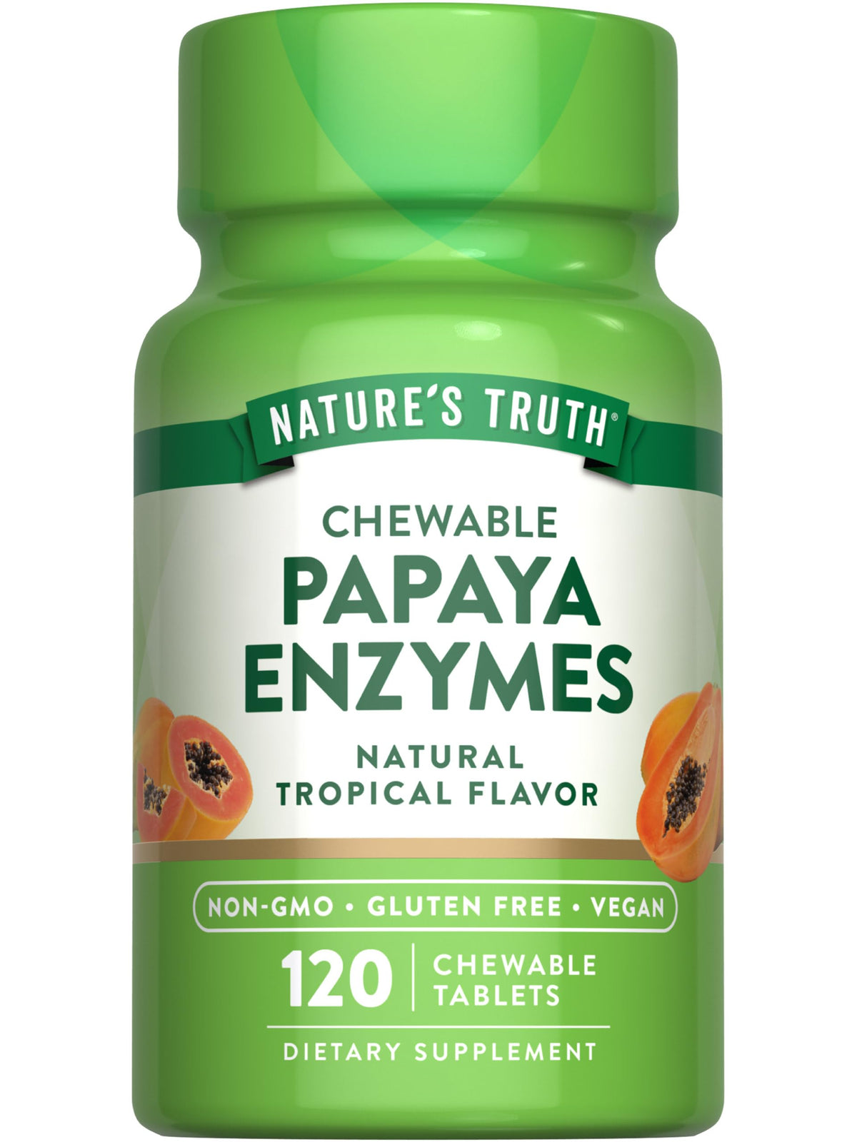 Nature's Truth Papaya Enzyme chewable tablets bottle shown for convenient after-meal digestion support
