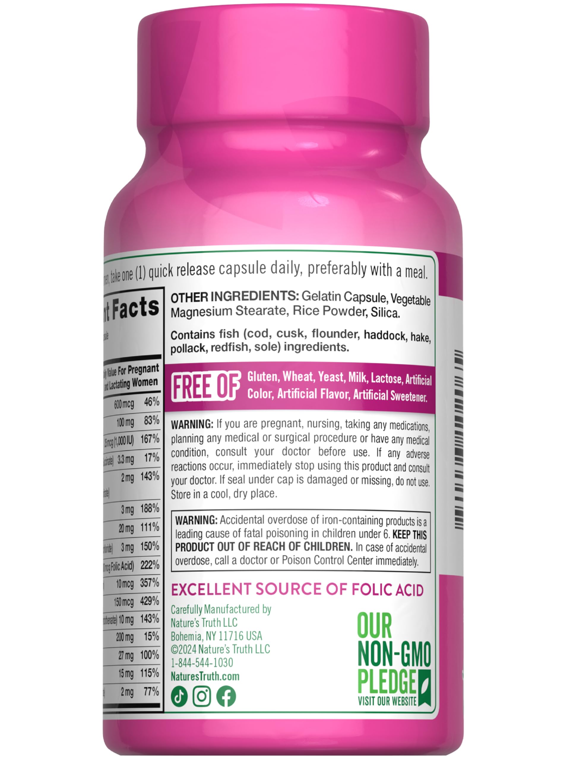 Nature's Truth Prenatal gluten-free label emphasizes allergen-friendly supplement.