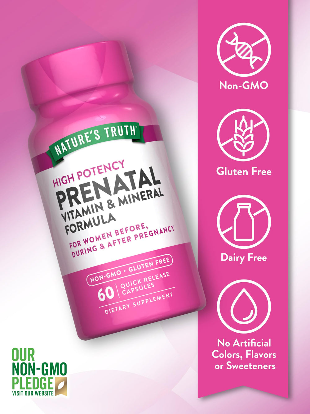 Nature's Truth Prenatal label details vitamins and non-GMO, gluten-free formulation.