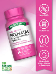 Nature's Truth Prenatal label details vitamins and non-GMO, gluten-free formulation.
