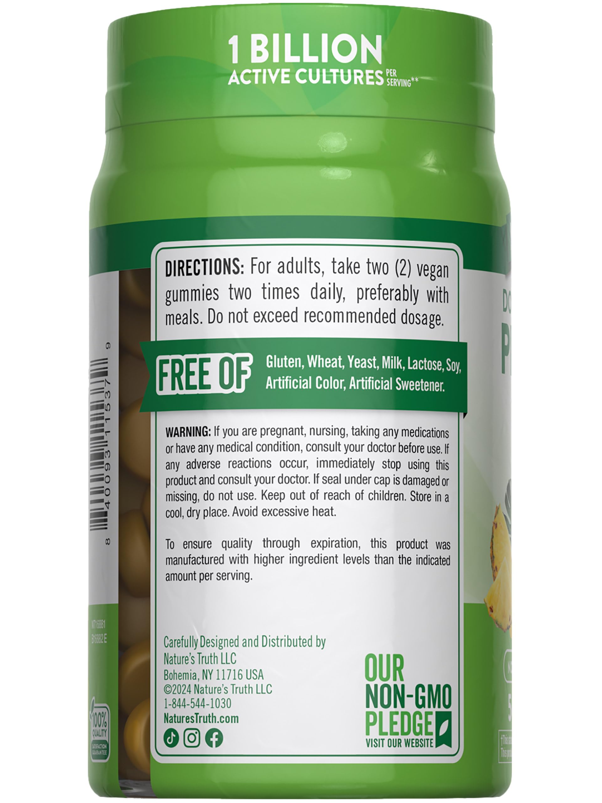 Nature's Truth probiotic gummies dietary information panel highlights 50 count.