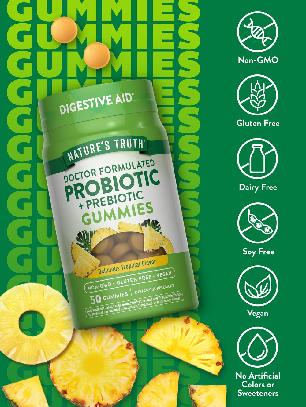 Nature's Truth probiotic gummies label closeup highlights vegan and non-GMO claims.