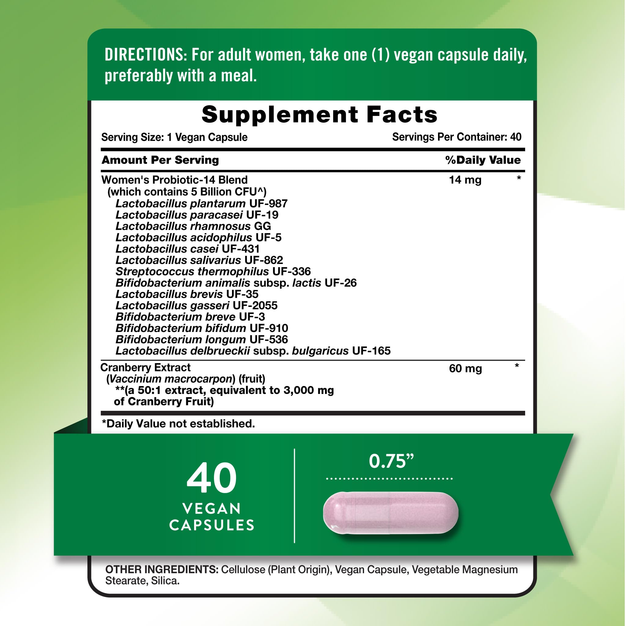 Nature's Truth Probiotics for Women capsules closeup showing vegan and gluten-free formula.