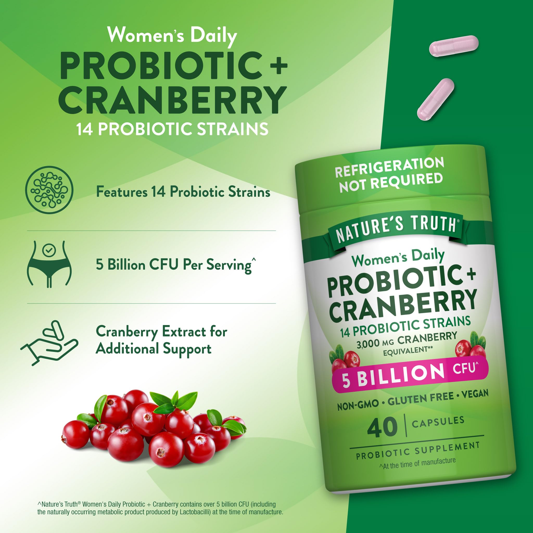 Nature's Truth Probiotics for Women vegan capsules line art showing daily routine.