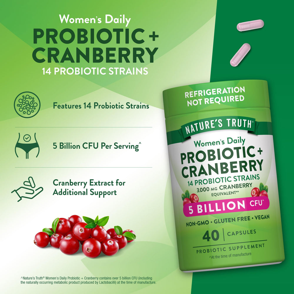Nature's Truth Probiotics for Women vegan capsules line art showing daily routine.