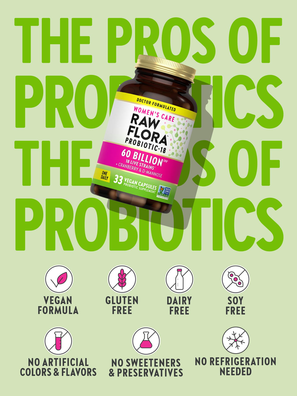 Packaging displays the 18 probiotic strains included in Raw Flora.