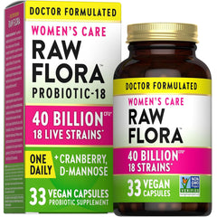 Nature's Truth Raw Flora Womens Probiotics bottle on countertop for daily digestive support