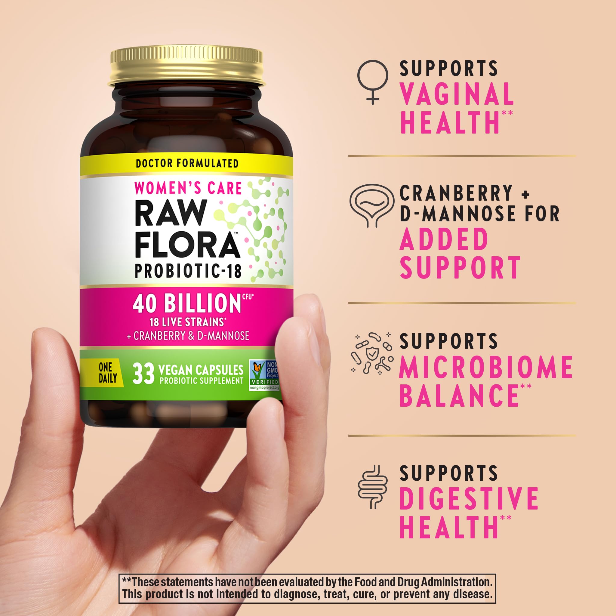 Nature's Truth Raw Flora label highlights cranberry and D-Mannose ingredients