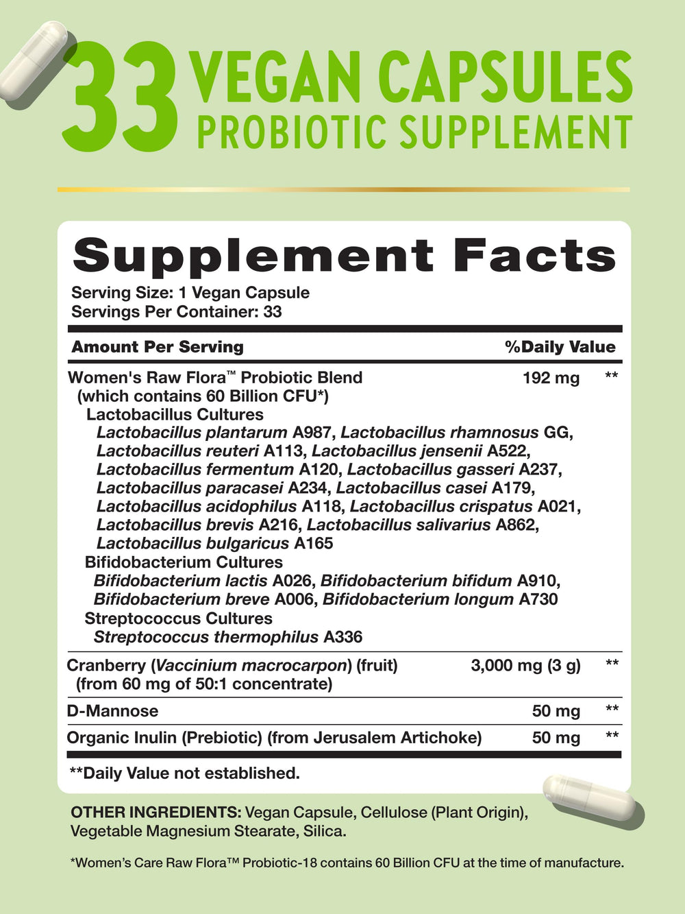 Nature's Truth Raw Flora Probiotics label highlighting 18 strains for women's health.