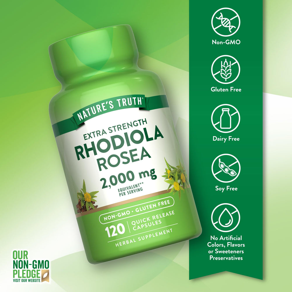 Gluten-free and non-GMO Rhodiola Rosea label on packaging