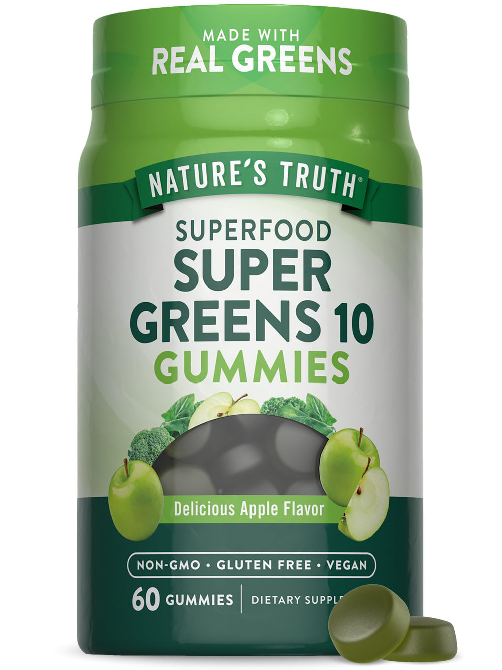 Nature's Truth Super Greens Gummies bottle; vegan, gluten-free daily support.