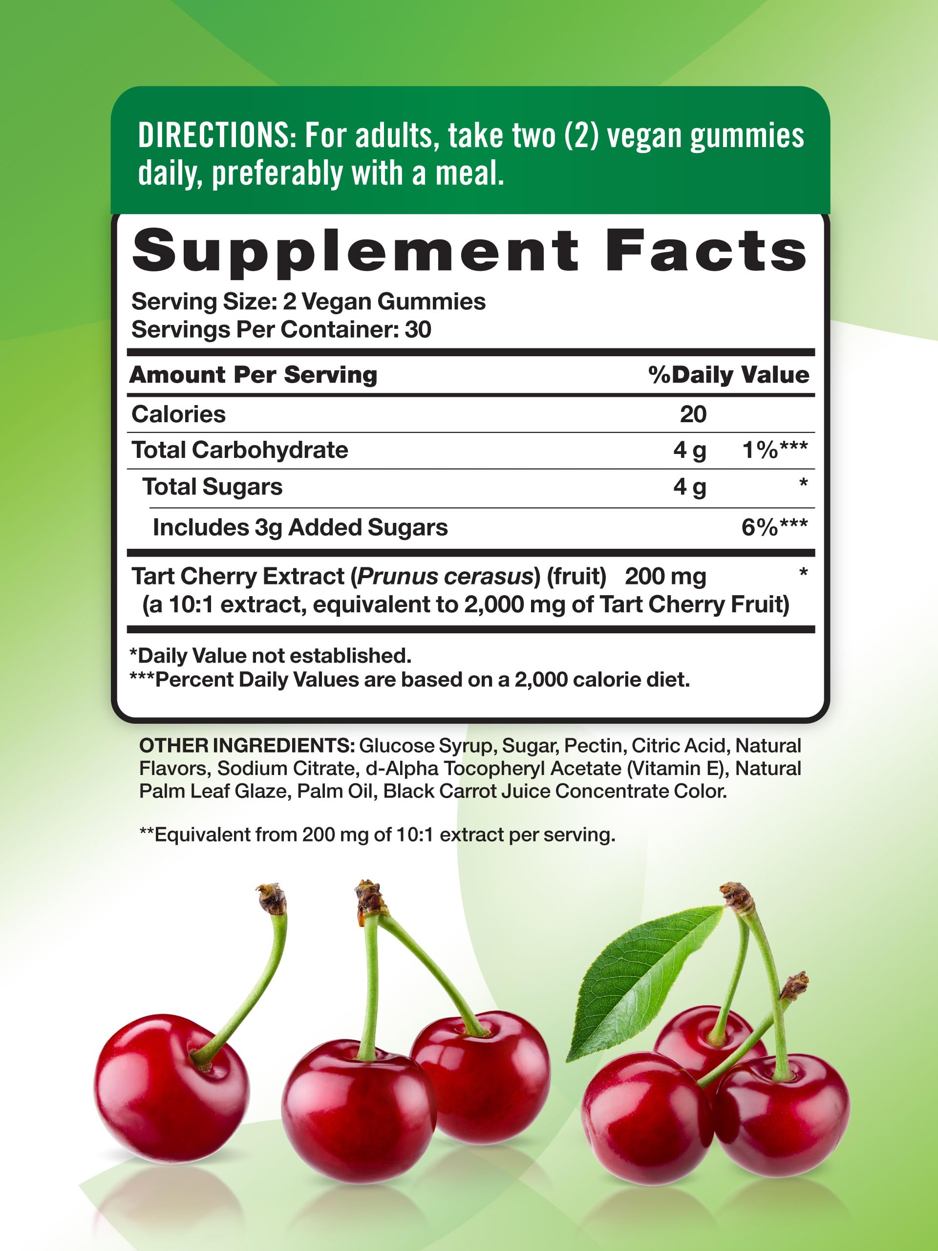 Nature's Truth Tart Cherry Gummies bottle back label detailing ingredients.