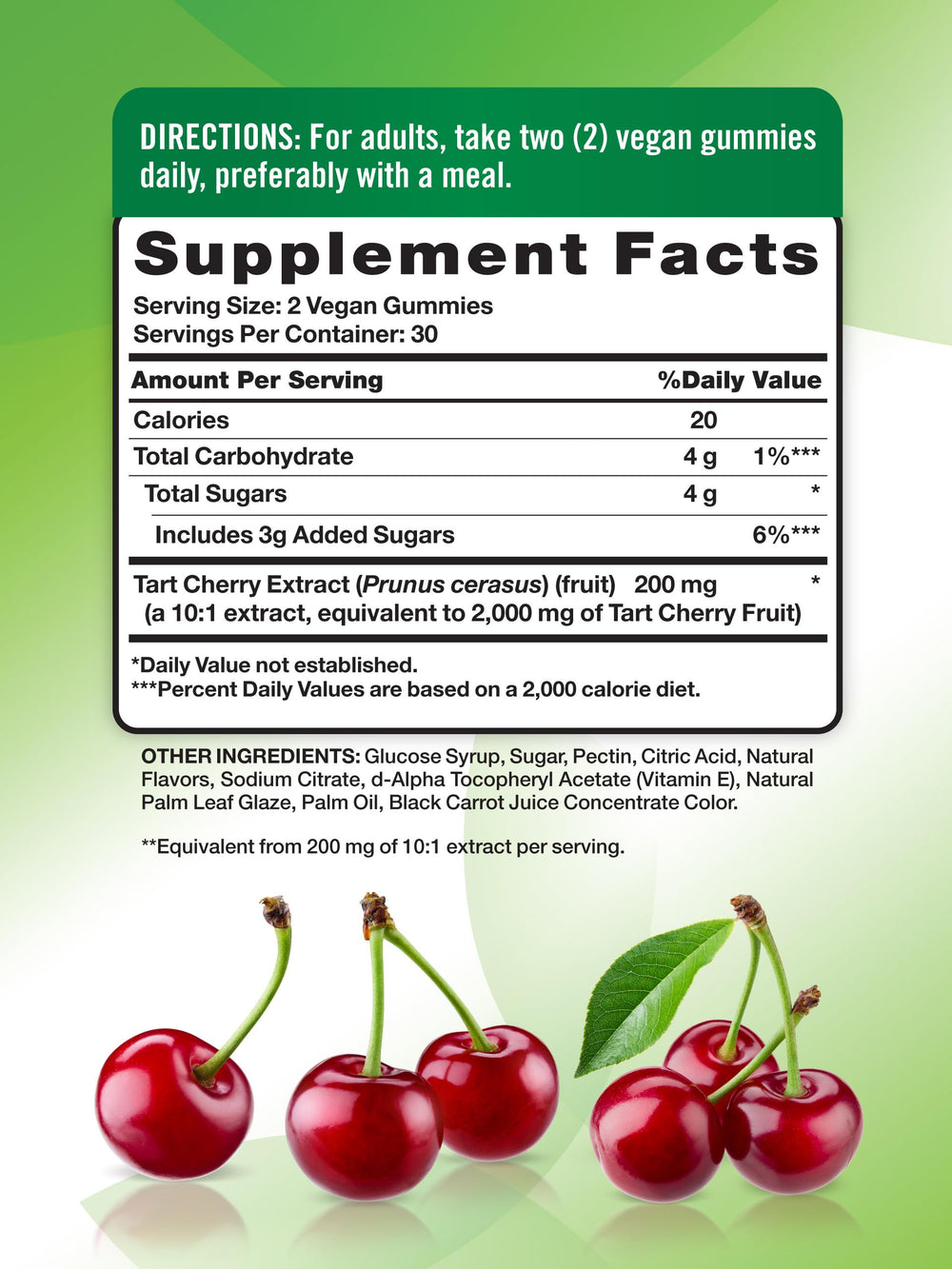 Nature's Truth Tart Cherry Gummies bottle back label detailing ingredients.
