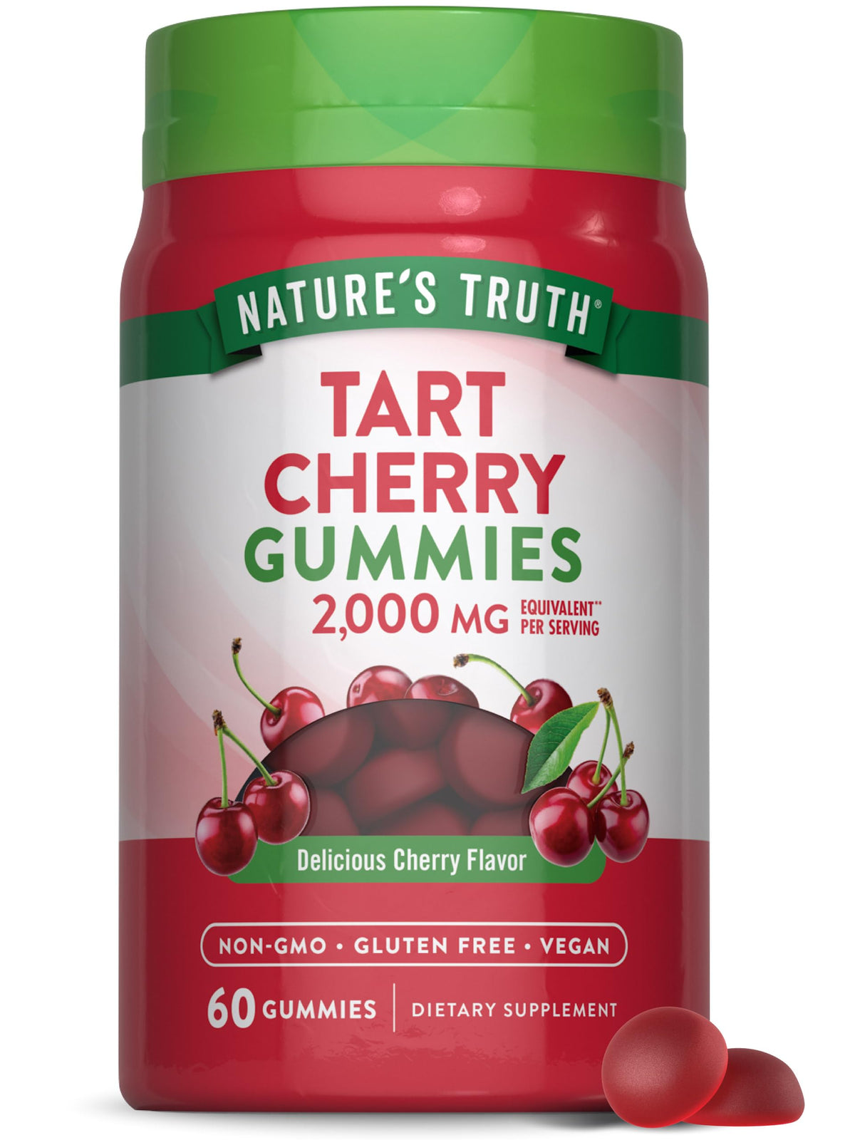 Nature's Truth Tart Cherry Gummies bottle front with vegan cherry flavor.