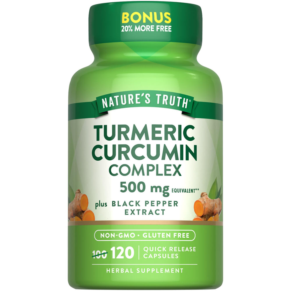 Nature's Truth Turmeric Curcumin bottle on wooden surface for daily wellness support