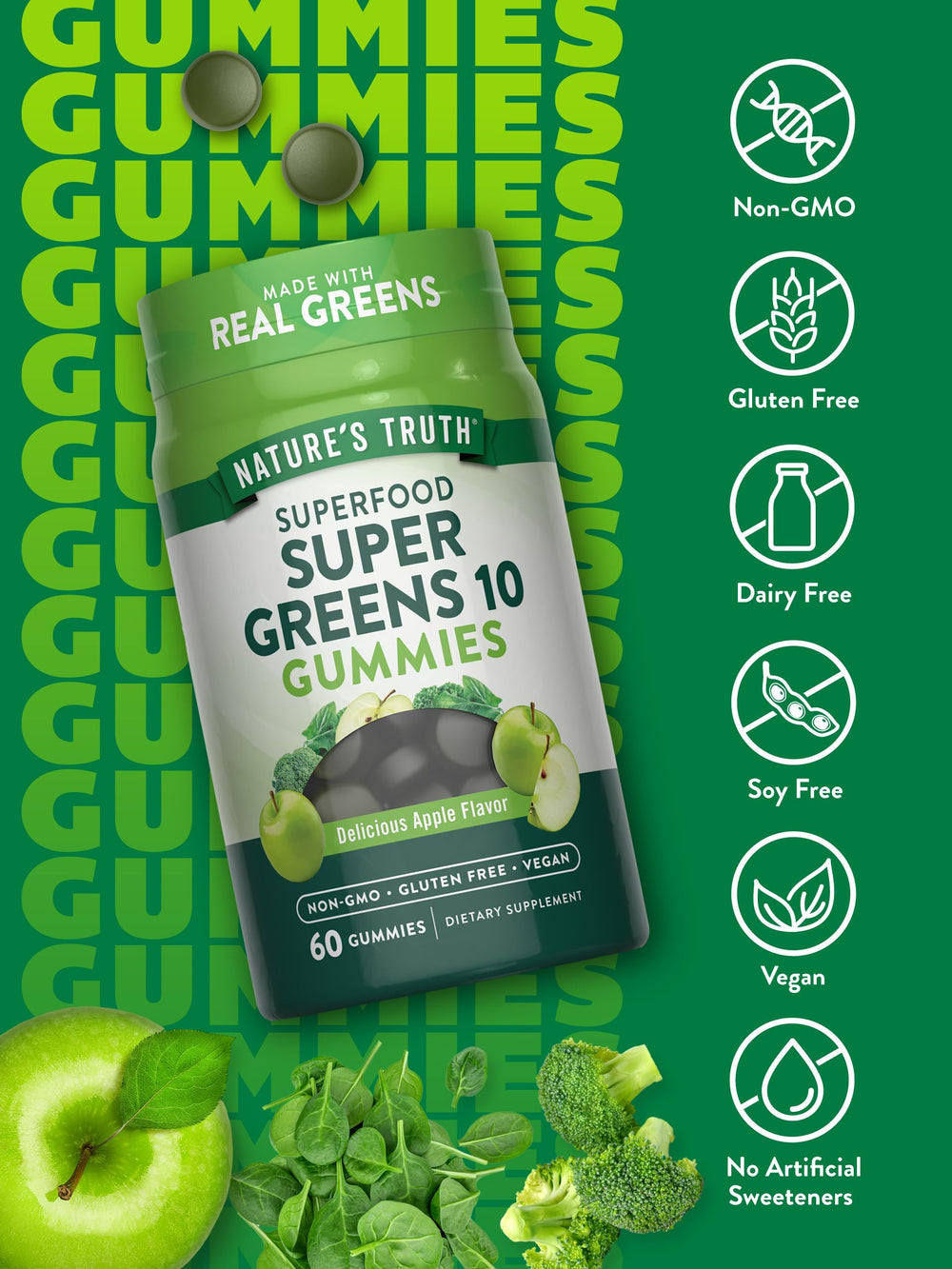 Nature's Truth vegan-friendly gummies with non-GMO and gluten-free labels.
