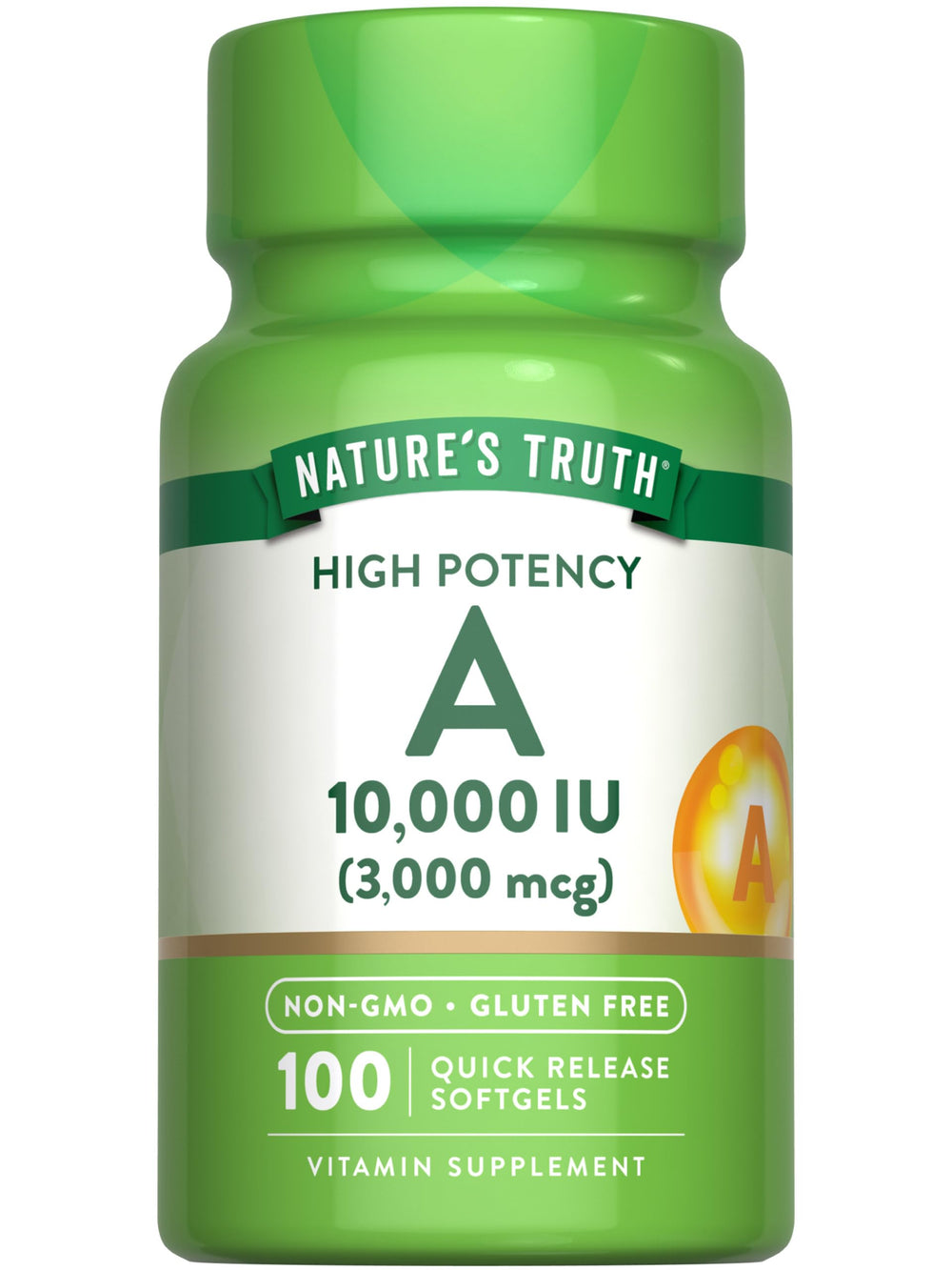 Nature's Truth Vitamin A softgels bottle closeup for daily use