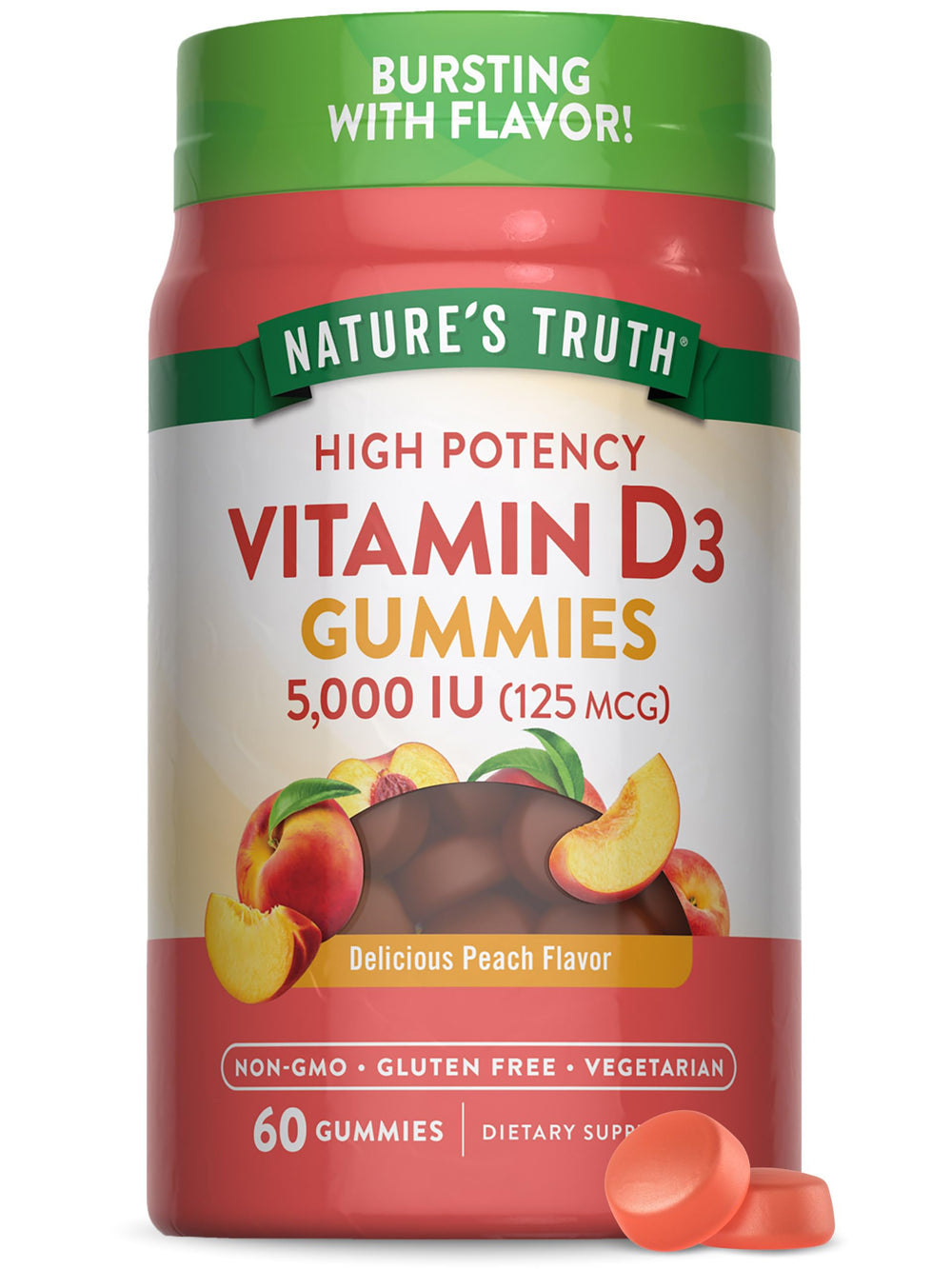 Nature's Truth Vitamin D3 gummies bottle with peach flavor for daily use