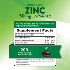 Nature's Truth zinc 50mg softgels bottle back attributes gluten-free and non-GMO