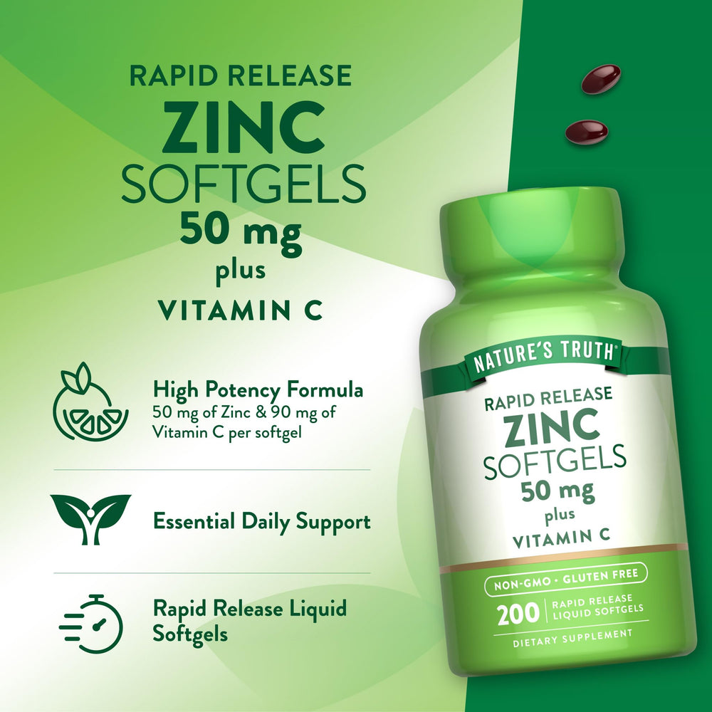 Nature's Truth zinc 50mg softgels on shelf with clean packaging