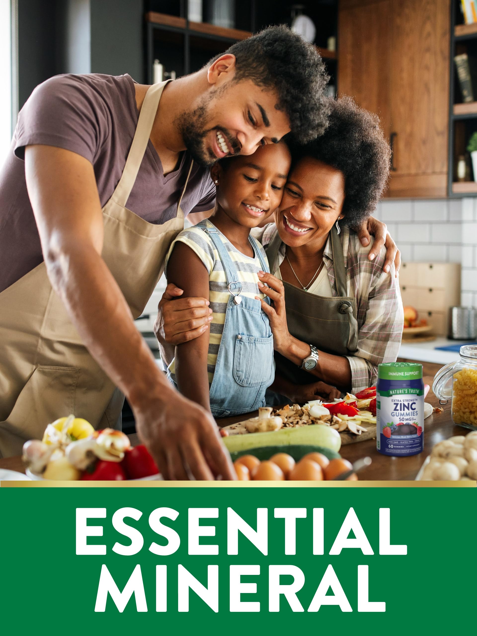 Nature's Truth Zinc Gummies ingredients panel shows gluten-free, dairy-free options.