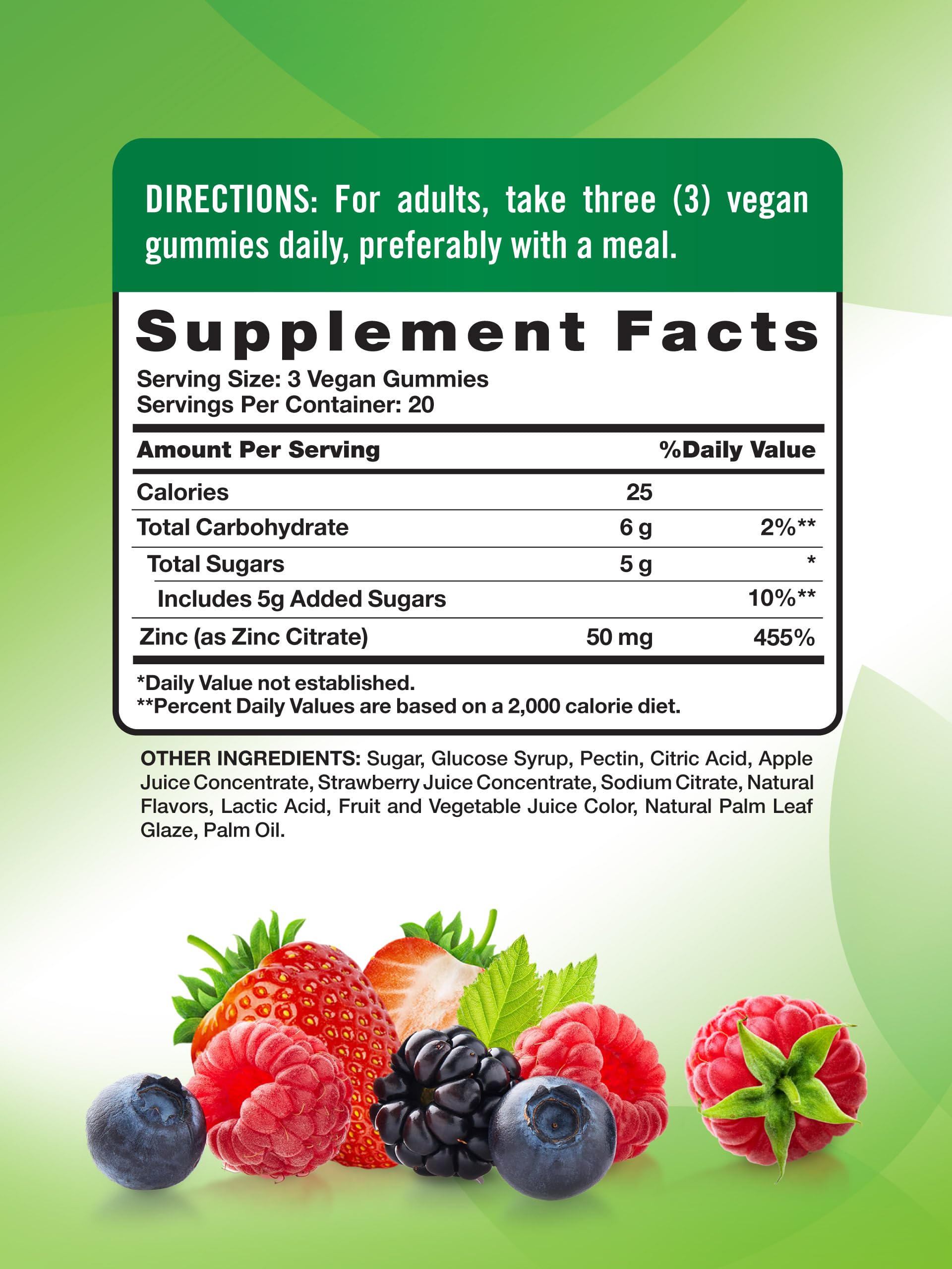 Nature's Truth Zinc Gummies berry label closeup highlights vegan, non-GMO formula.