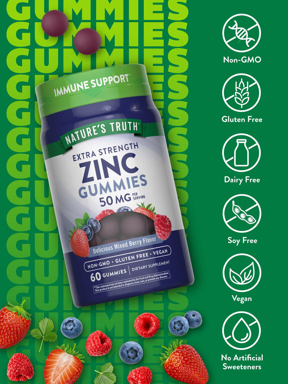 Nature's Truth Zinc Gummies serving size image shows easy daily use.