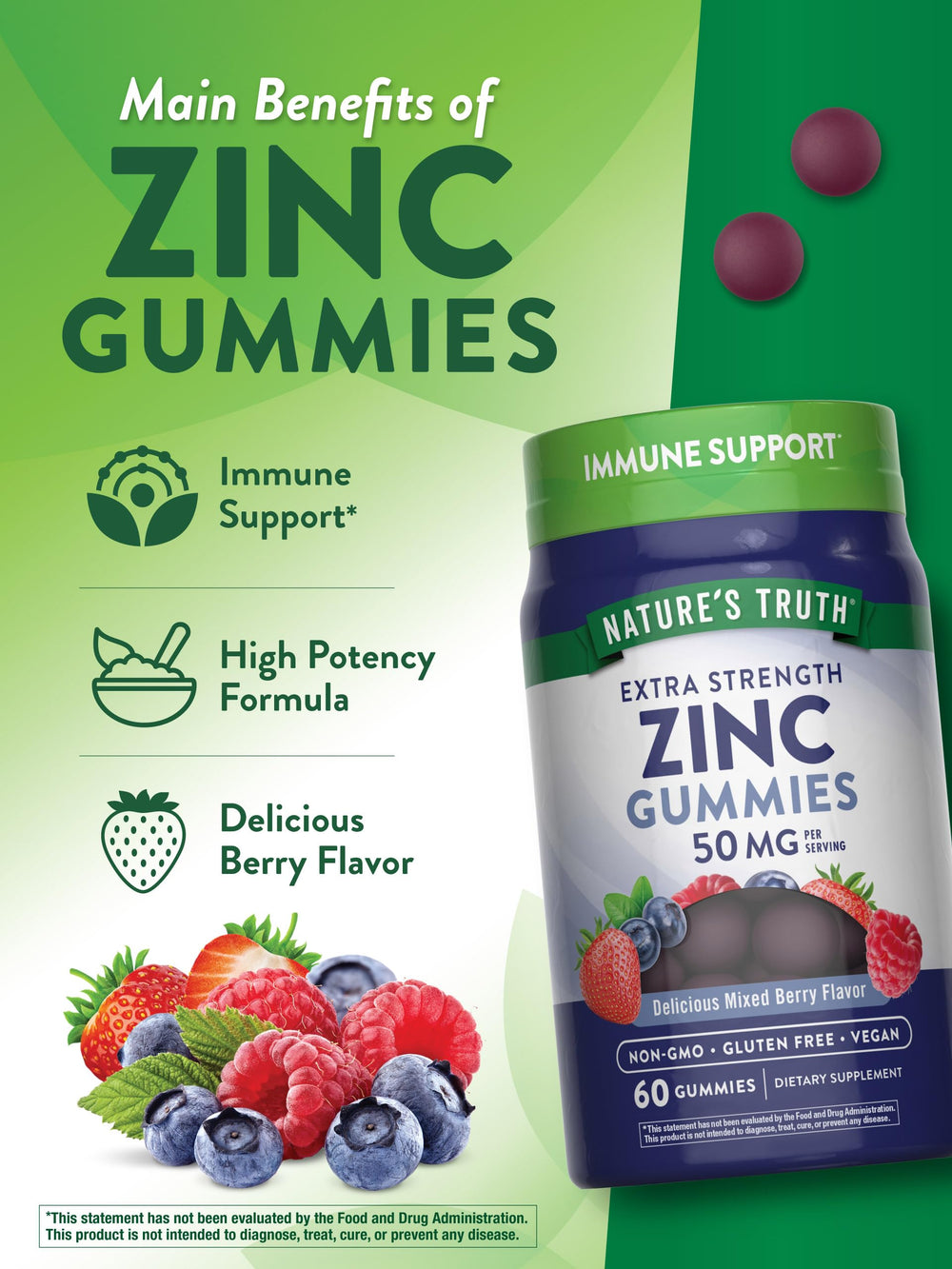 Nature's Truth Zinc Gummies vegan certification badge emphasizes plant-based wellness.