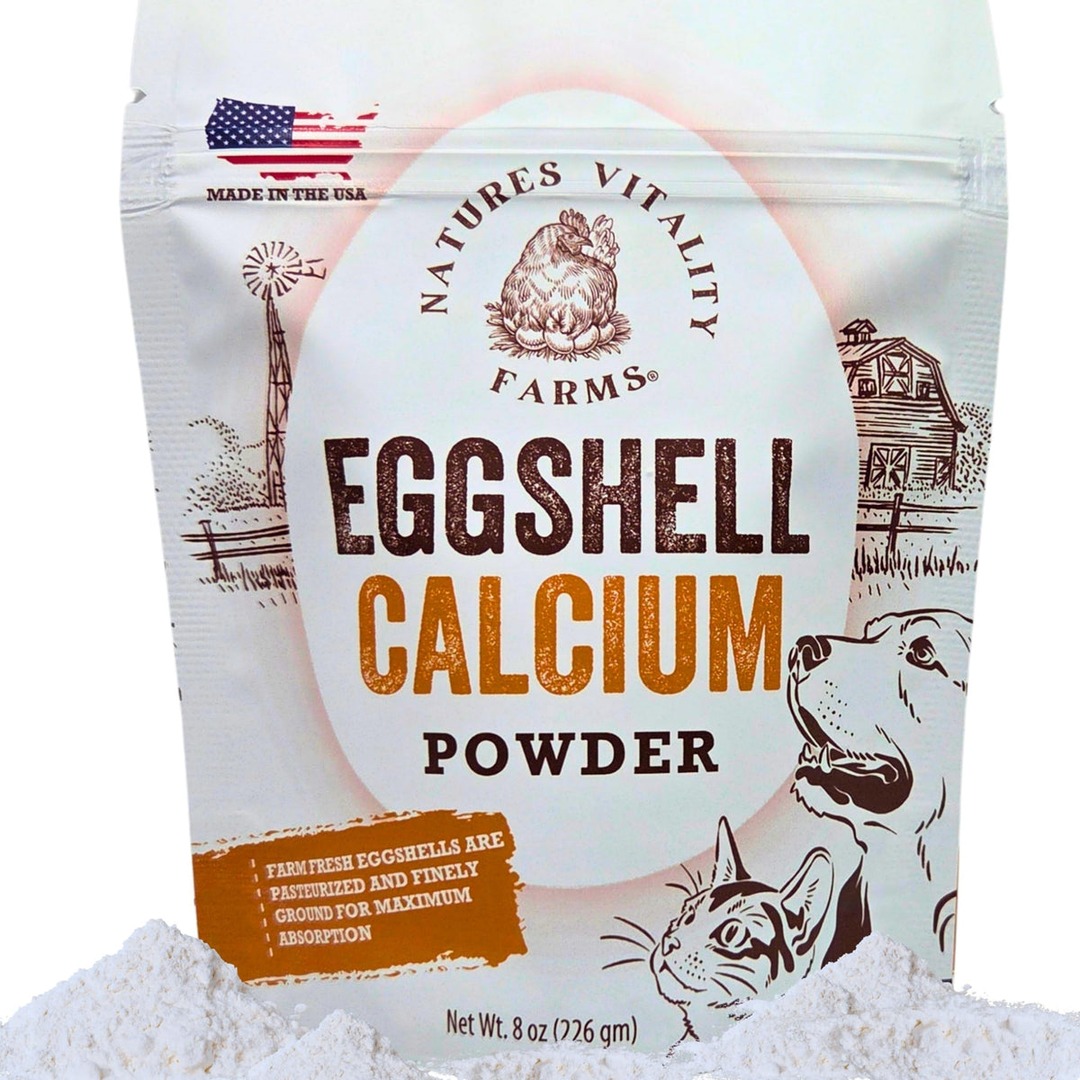 Natures Vitality Farms eggshell powder bottle pour for daily pet calcium.