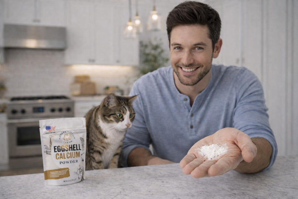 Kitchen scene featuring farm-made calcium supplement from eggshells.