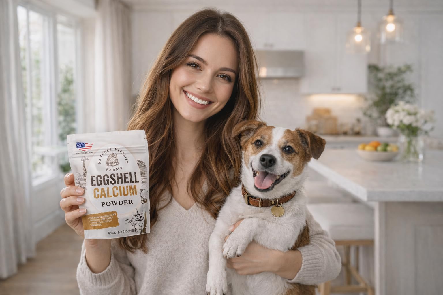 Label detail highlighting US-sourced eggshell calcium on packaging.