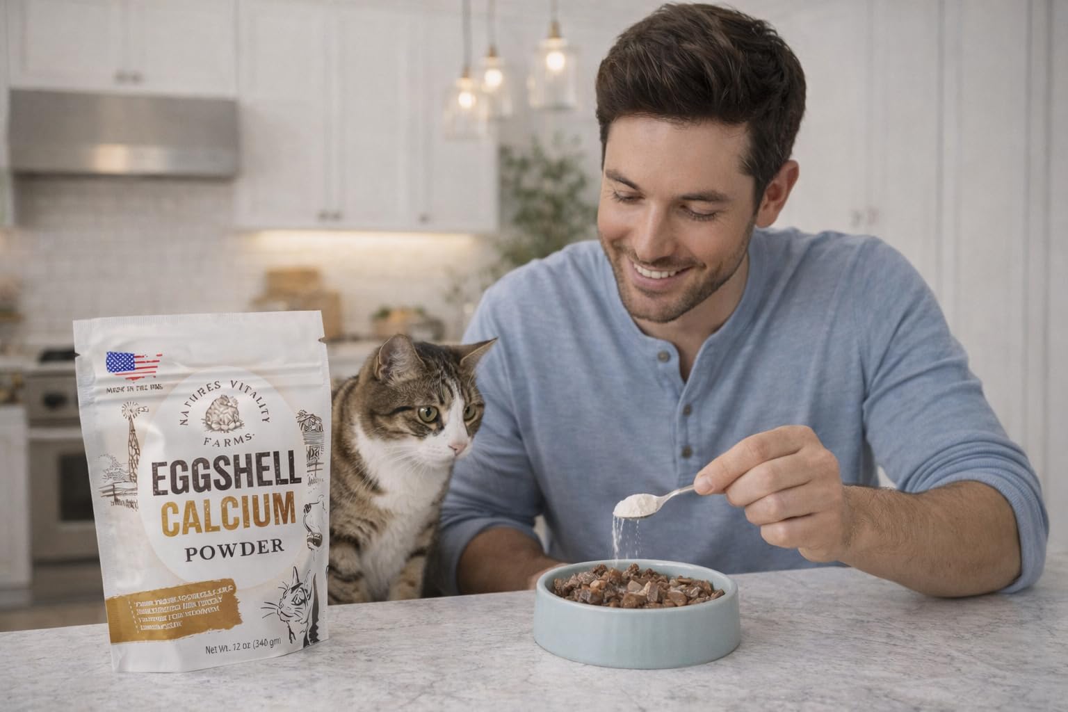 US-made farm backdrop emphasizing farm-to-bowl calcium quality.