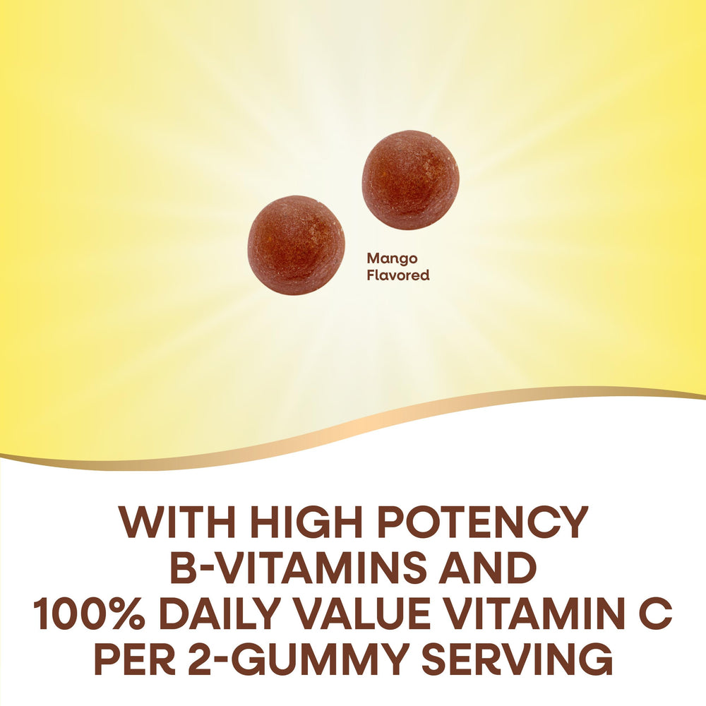 Nature's Way Alive B-Complex Gummies jar closeup shows vegetarian, pectin-based mango flavor.