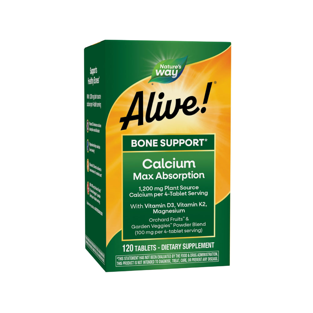 Nature’s Way Alive! Calcium Bone Support bottle on table, supporting daily bone health.