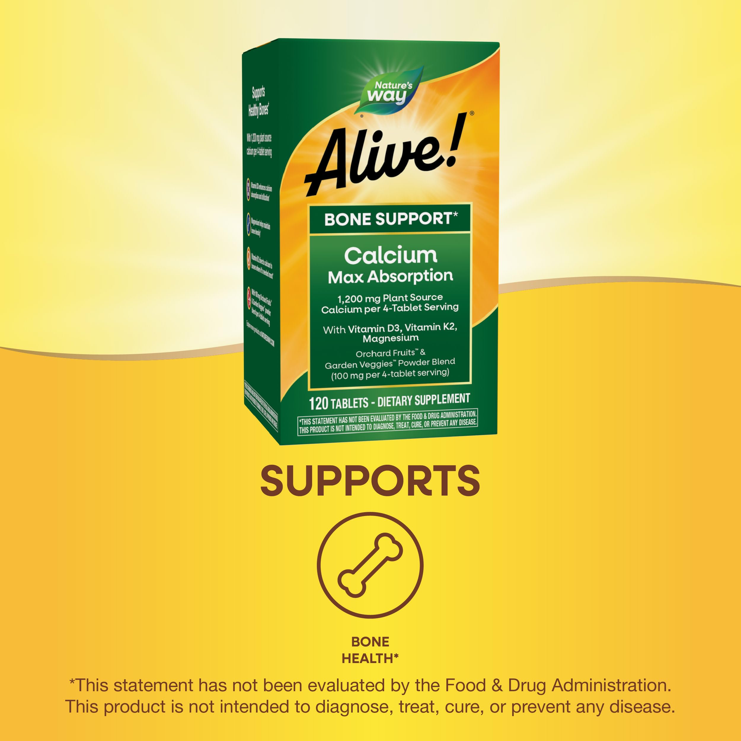 Nature’s Way Alive! Calcium bottle with label showing D3, K2, and magnesium ingredients.