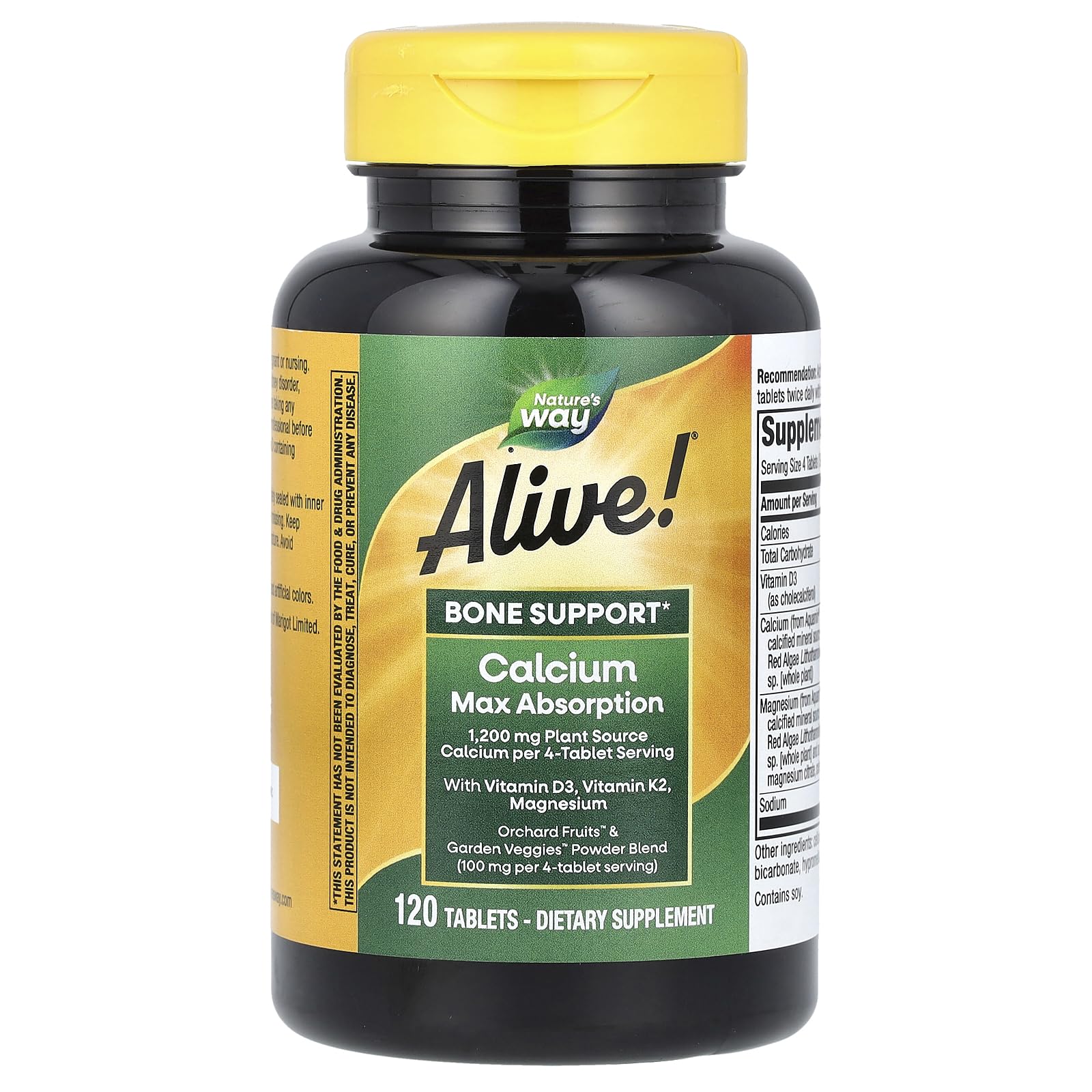 Nature’s Way Alive! Calcium ingredients list graphic emphasizing plant-sourced Aquamin calcium.