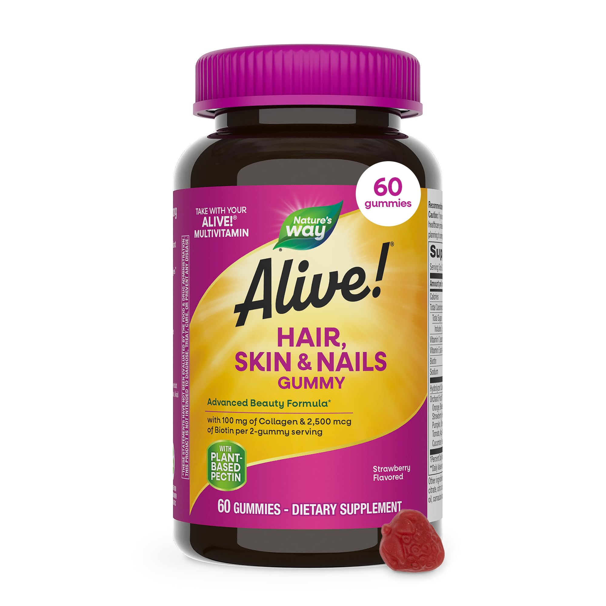 Nature's Way Alive! gummies bottle and label showcasing collagen biotin for daily beauty support.