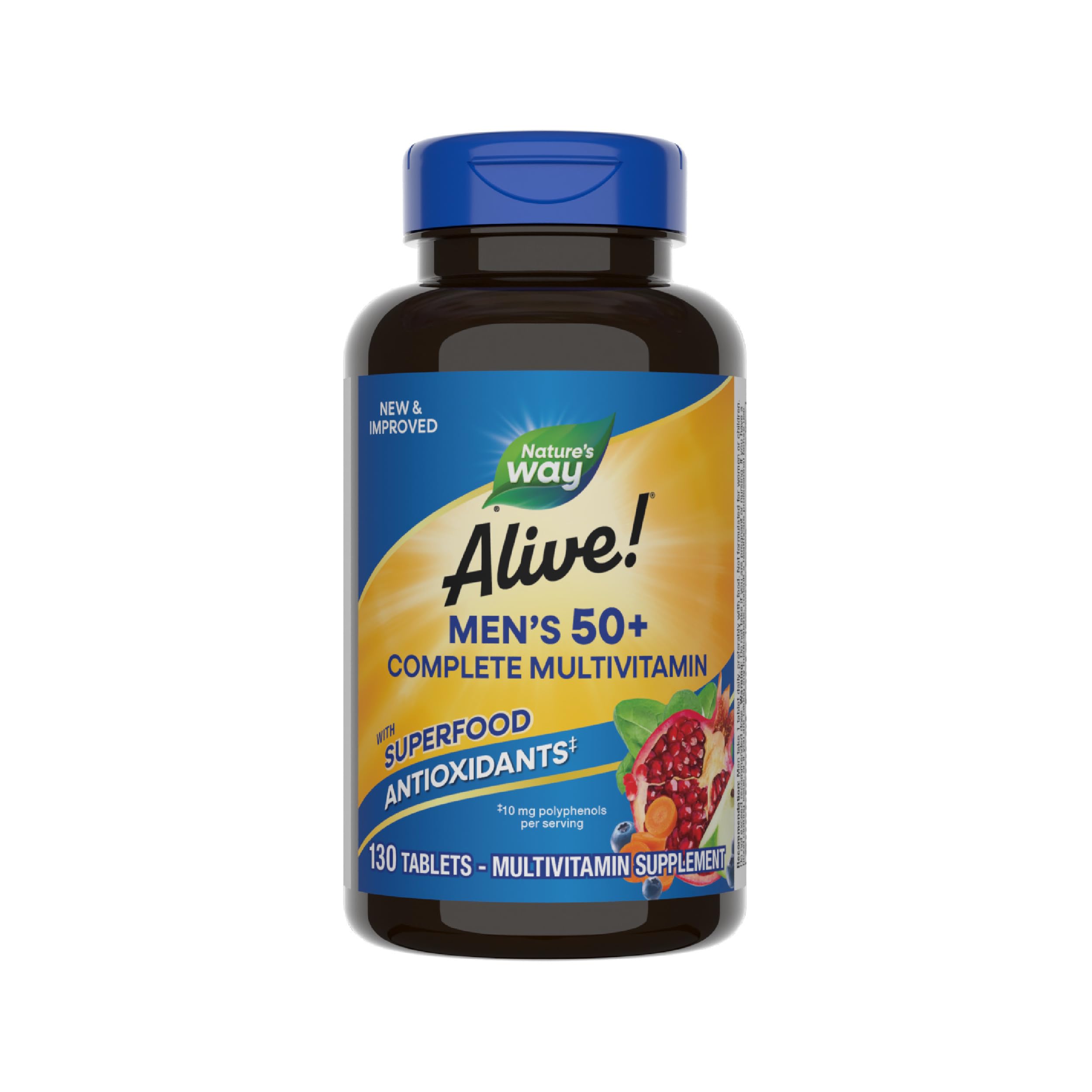 Nature's Way Alive! Men’s 50+ complete multivitamin bottle supports daily energy and overall wellness.