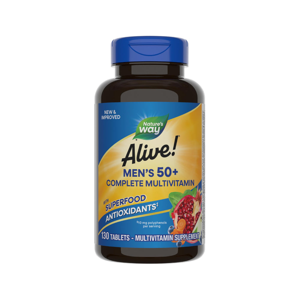 Nature's Way Alive! Men’s 50+ complete multivitamin bottle supports daily energy and overall wellness.