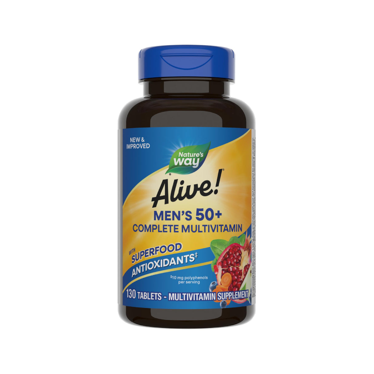 Nature's Way Alive! Men’s 50+ complete multivitamin bottle supports daily energy and overall wellness.