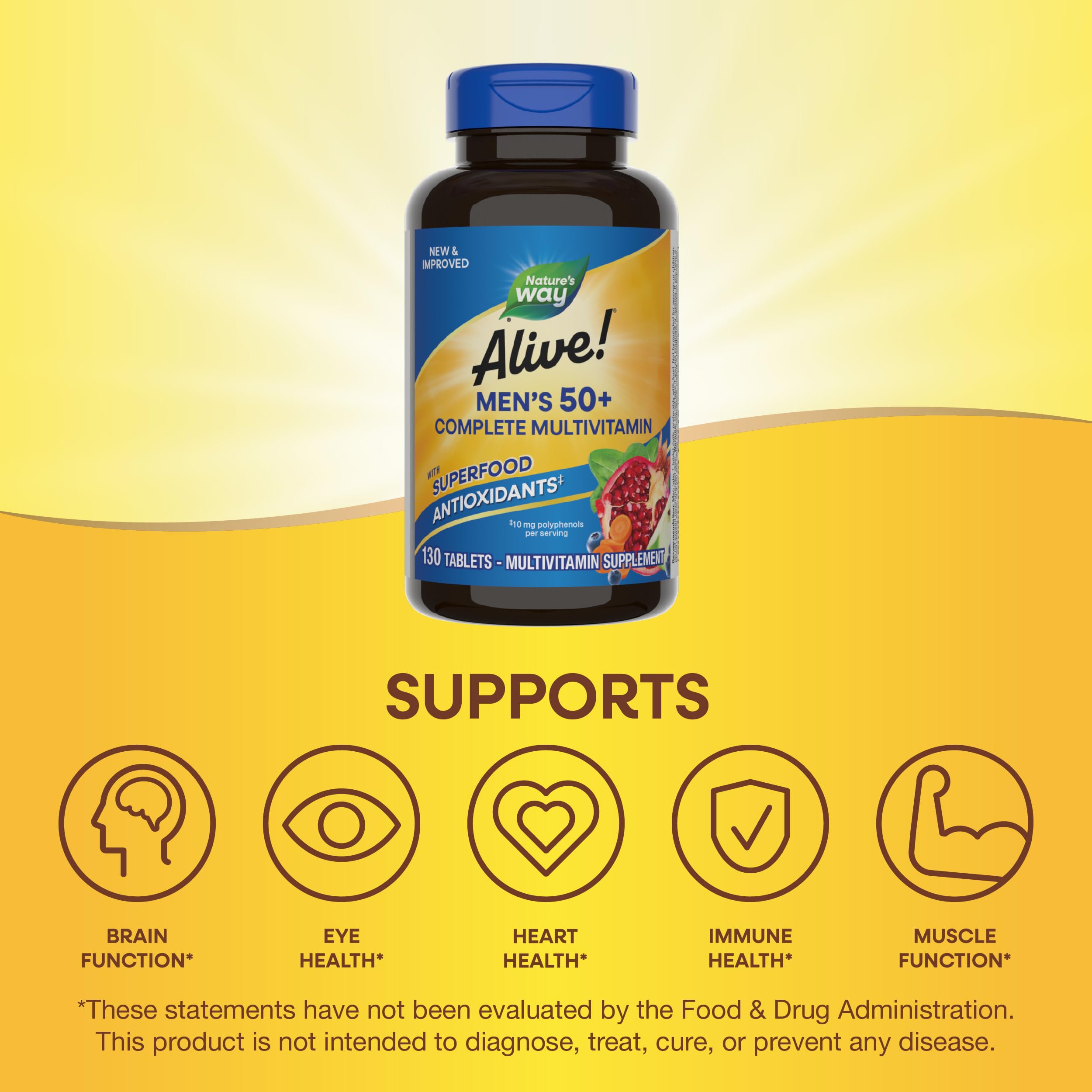 Nature's Way Alive! Men’s 50+ gluten-free claim displayed on packaging image.