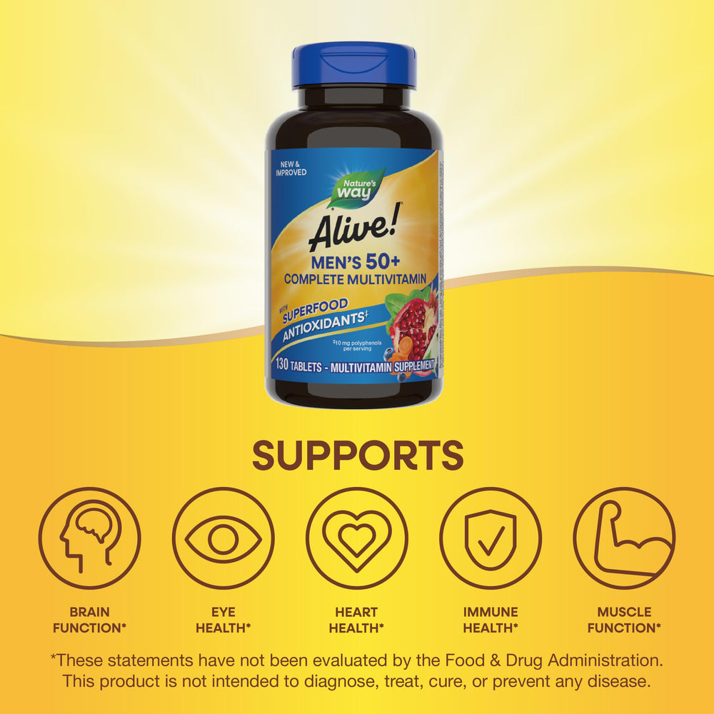 Nature's Way Alive! Men’s 50+ gluten-free claim displayed on packaging image.