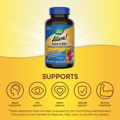 Nature's Way Alive! Men’s 50+ gluten-free claim displayed on packaging image.