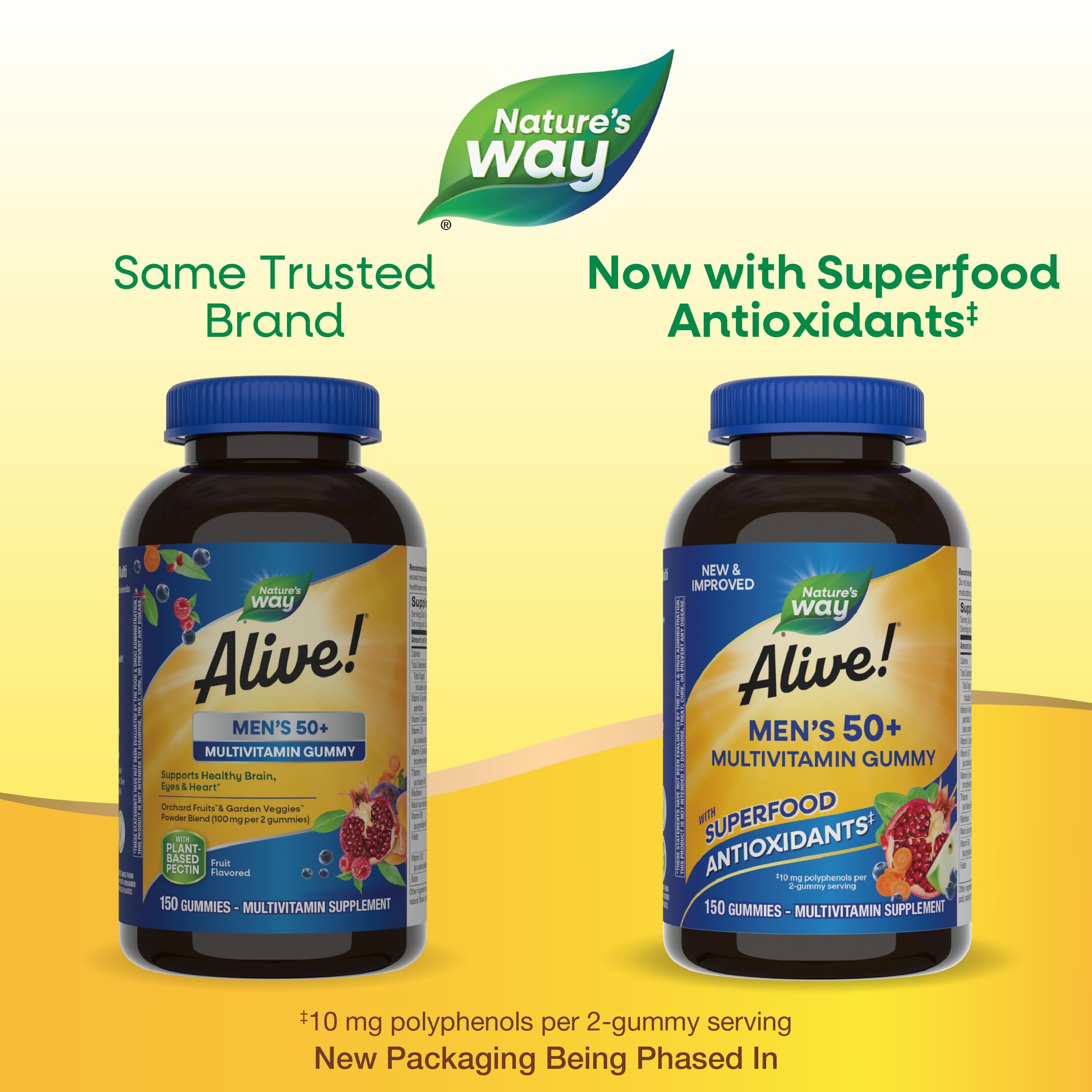 Alive! Men's 50+ gummies on label front signaling gluten-free and vegetarian formula.